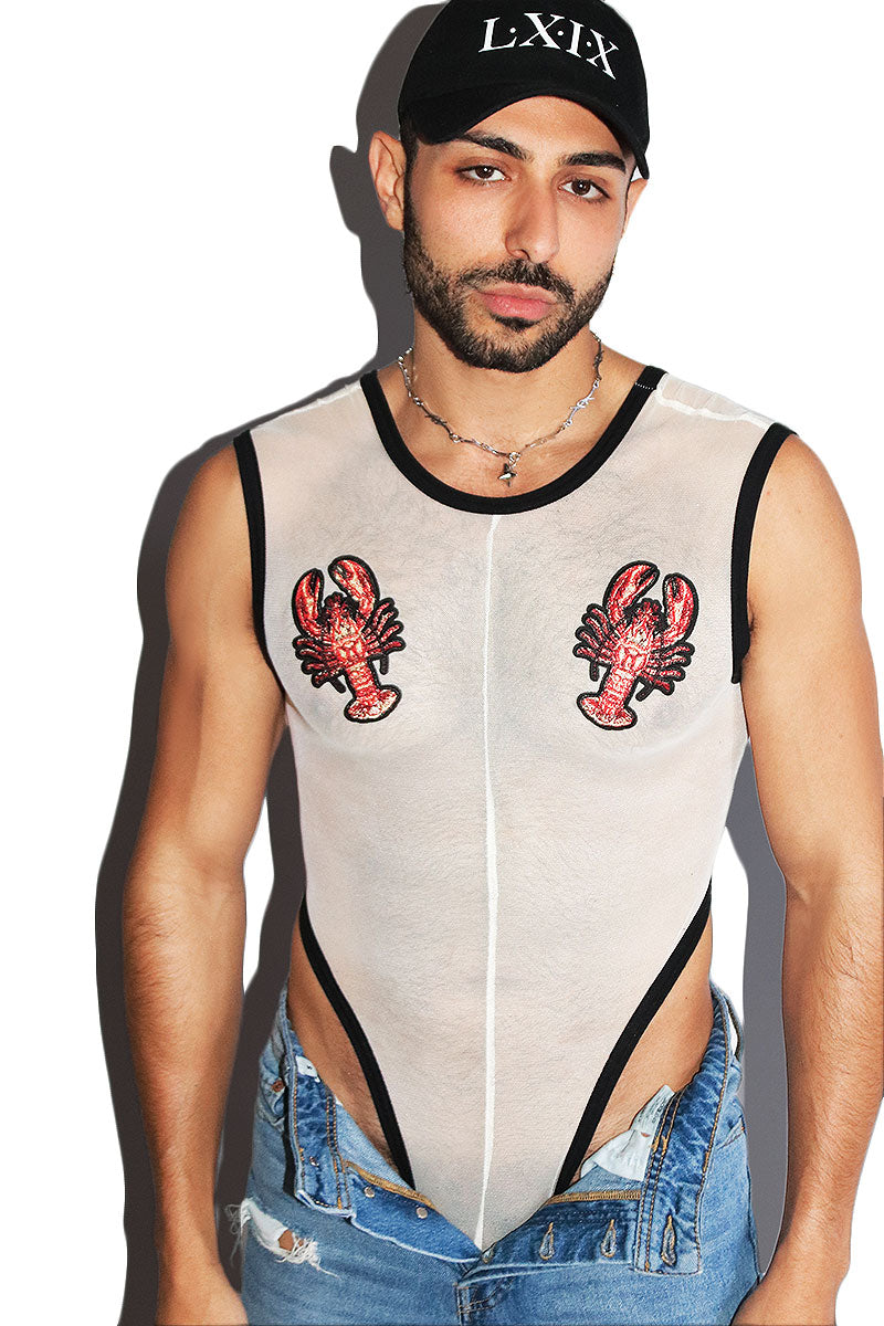 Lobster Mesh Thong Tank Bodysuit- Cream