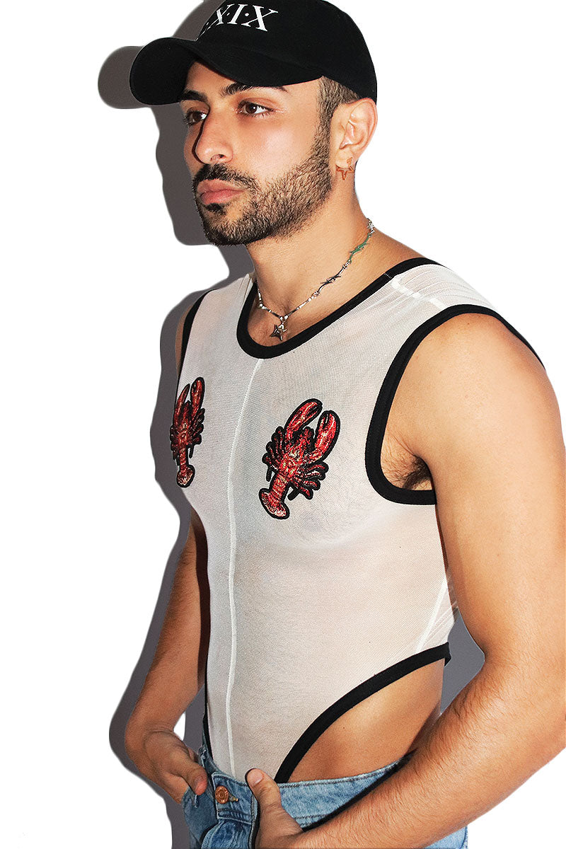 Lobster Mesh Thong Tank Bodysuit- Cream