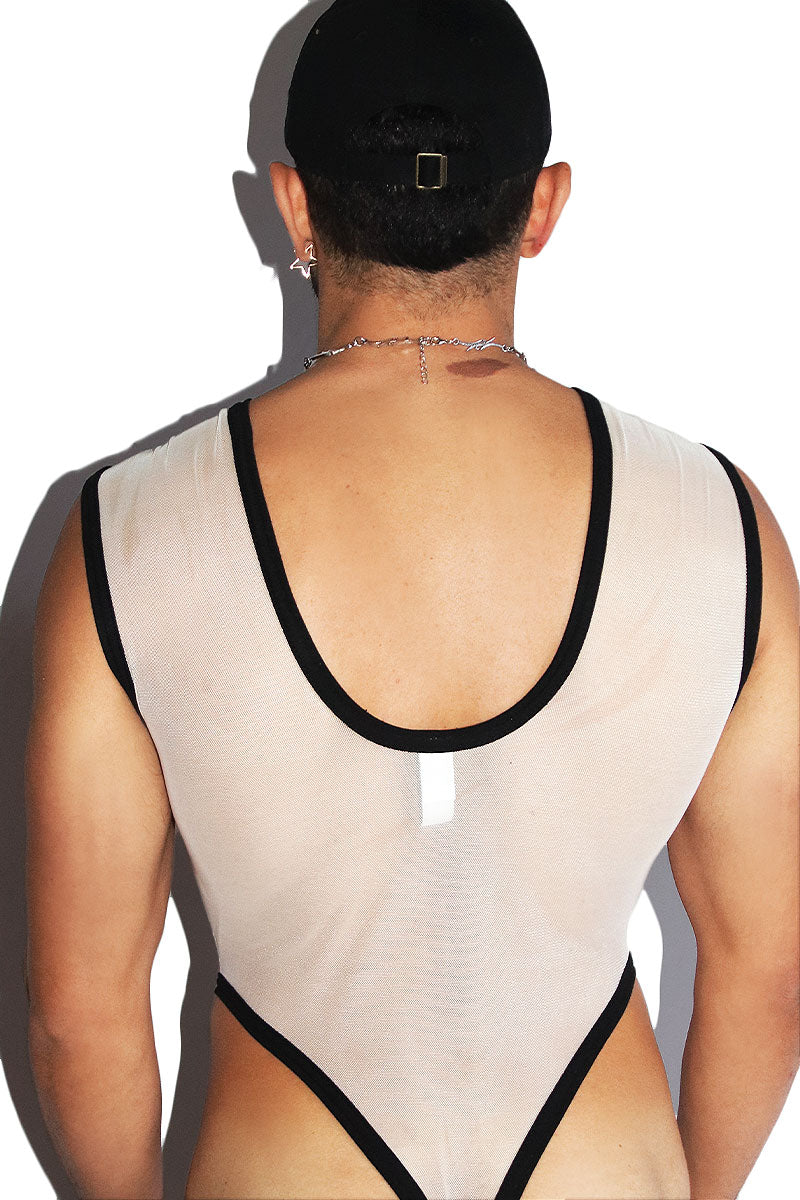 Lobster Mesh Thong Tank Bodysuit- Cream