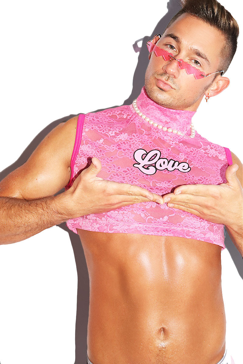 Love Lace Mockneck Extreme Crop Tank- Pink