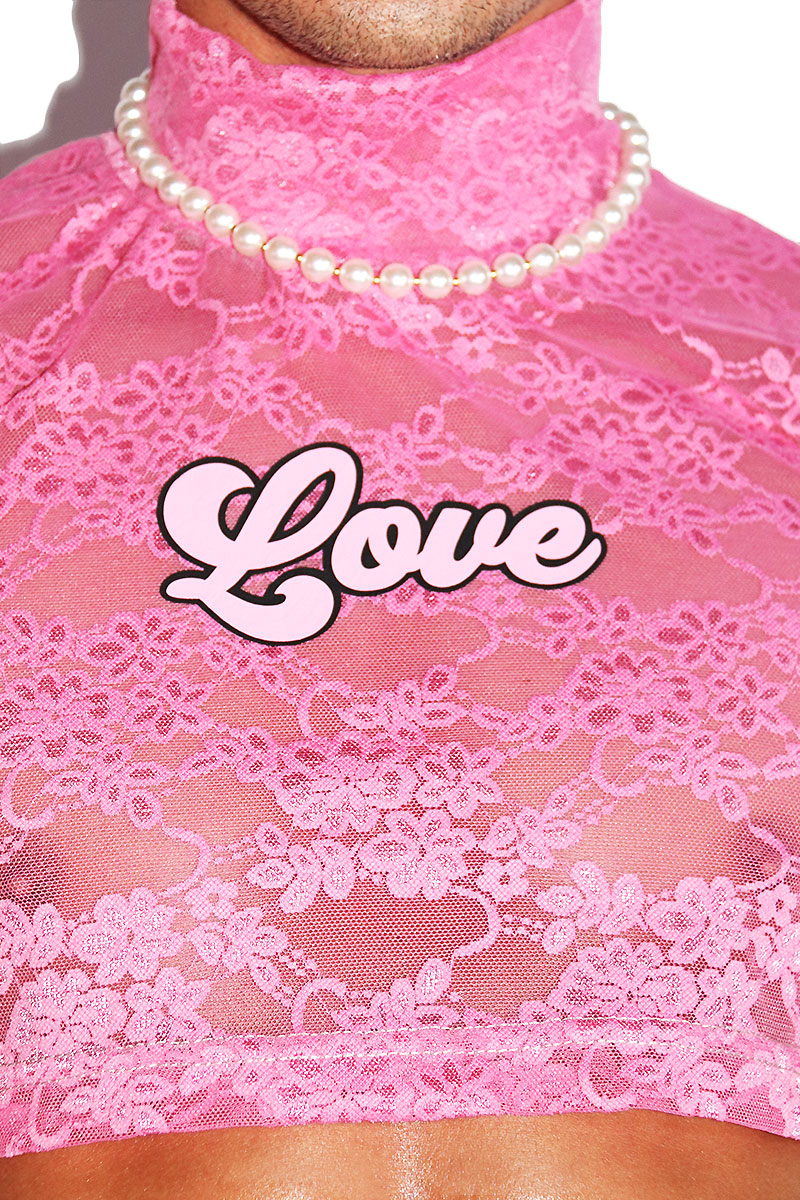 Love Lace Mockneck Extreme Crop Tank- Pink