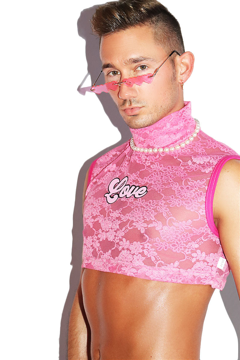 Love Lace Mockneck Extreme Crop Tank- Pink
