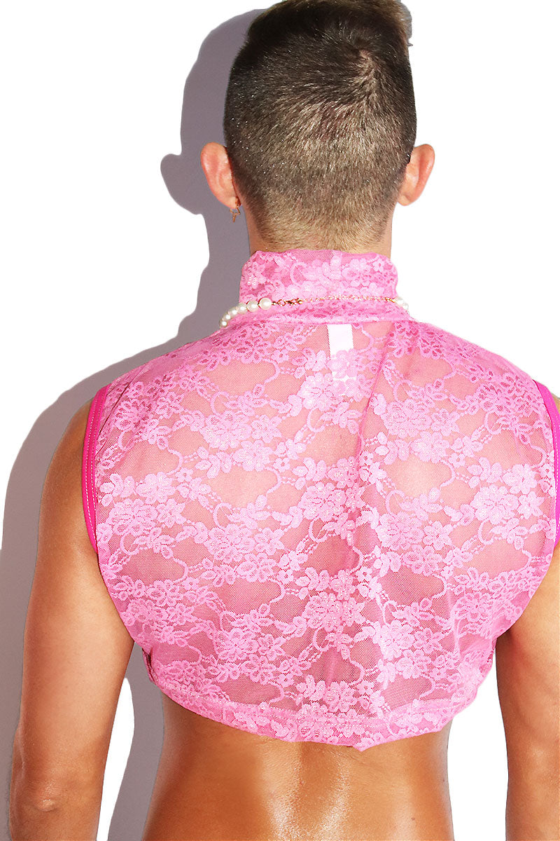 Love Lace Mockneck Extreme Crop Tank- Pink