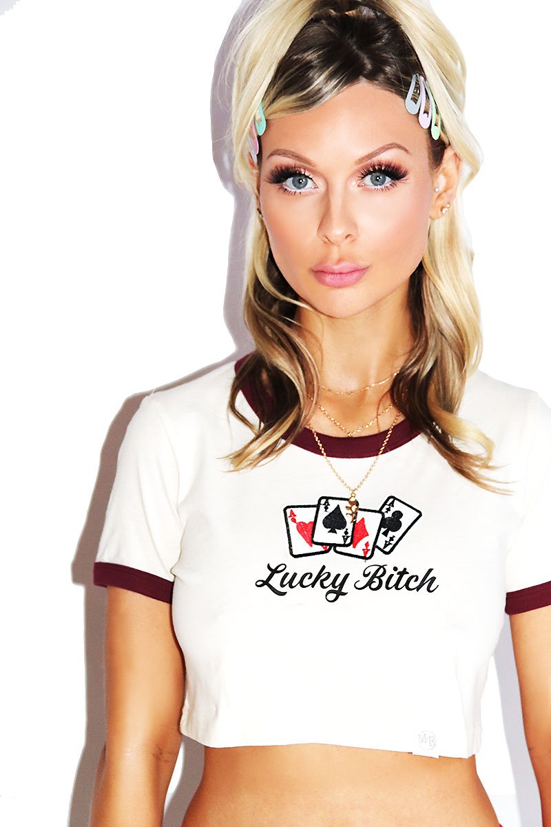 Lucky Bitch Crop Ringer Tee- Burgundy