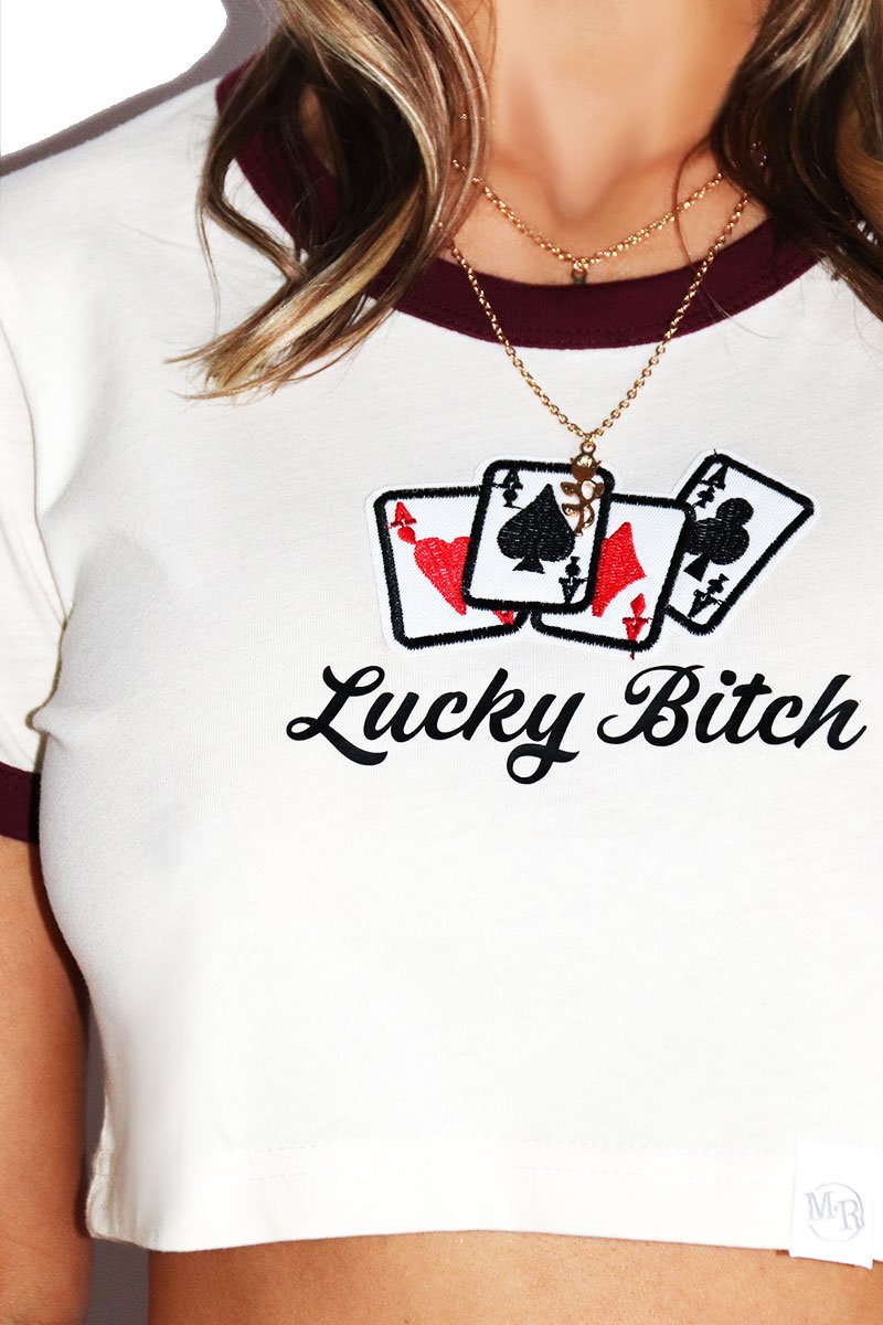 Lucky Bitch Crop Ringer Tee- Burgundy
