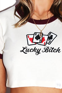 Lucky Bitch Crop Ringer Tee- Burgundy