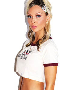 Lucky Bitch Crop Ringer Tee- Burgundy