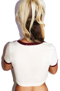 Lucky Bitch Crop Ringer Tee- Burgundy