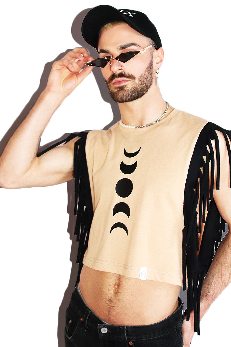 Lunar Phases Fringe Crop Low Armhole Tank- Sand