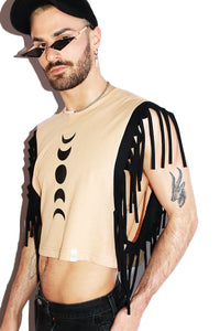 Lunar Phases Fringe Crop Low Armhole Tank- Sand