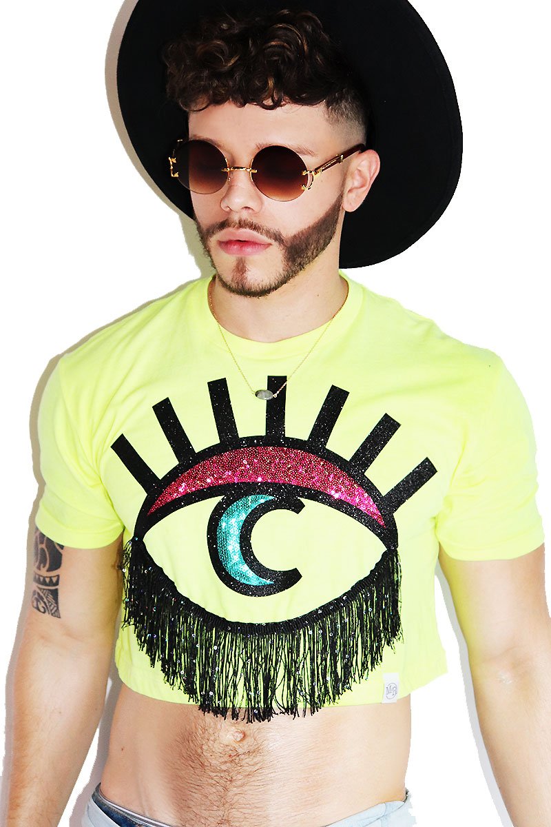 Moon Eye Fringe Crop Tee-Neon Yellow