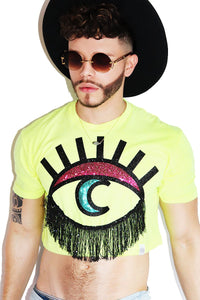 Moon Eye Fringe Crop Tee-Neon Yellow