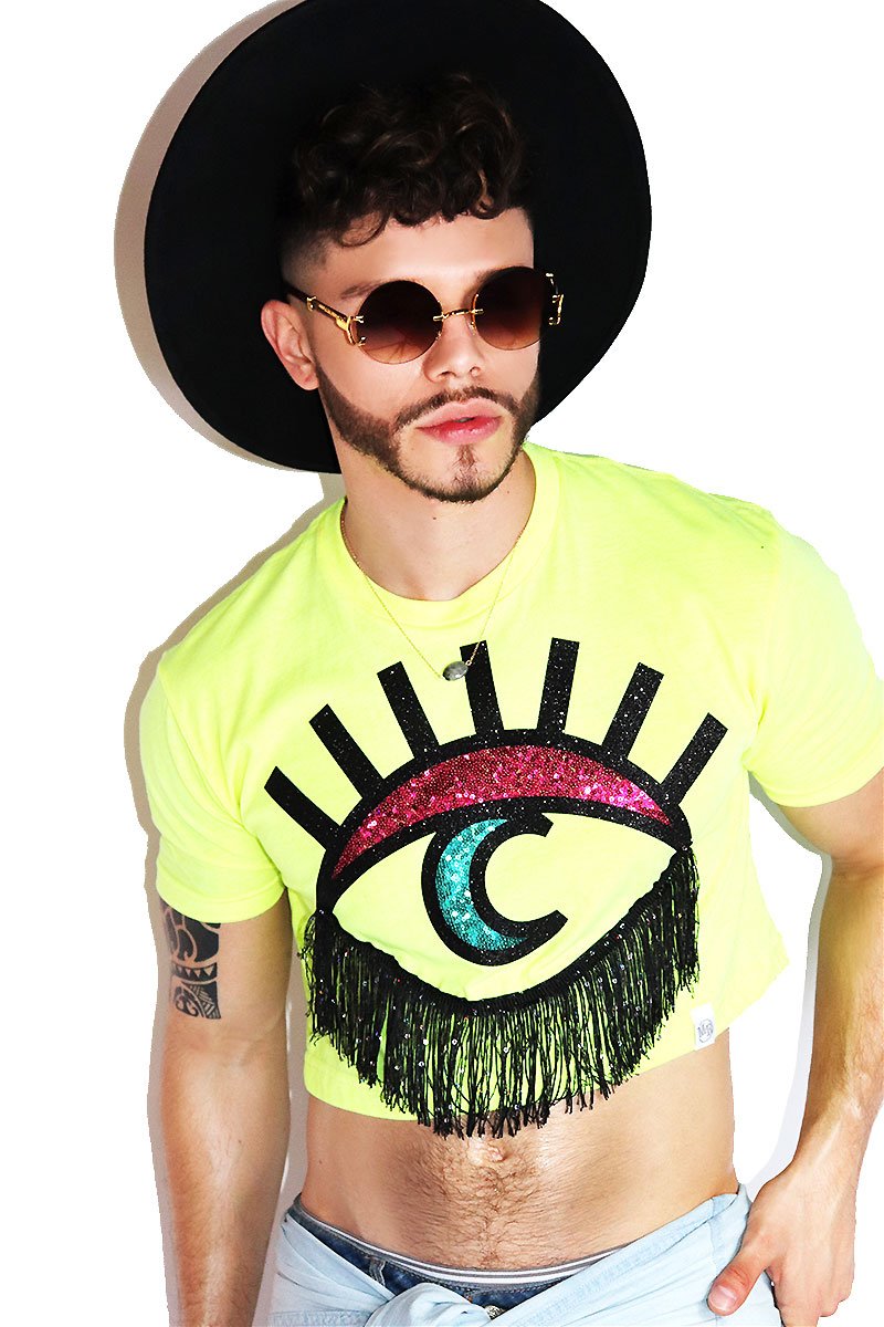 Moon Eye Fringe Crop Tee-Neon Yellow