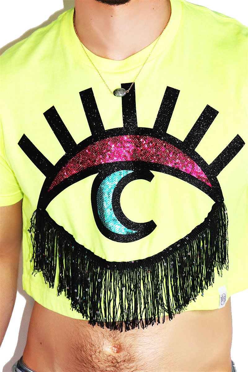 Moon Eye Fringe Crop Tee-Neon Yellow