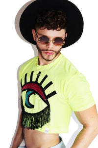 Moon Eye Fringe Crop Tee-Neon Yellow