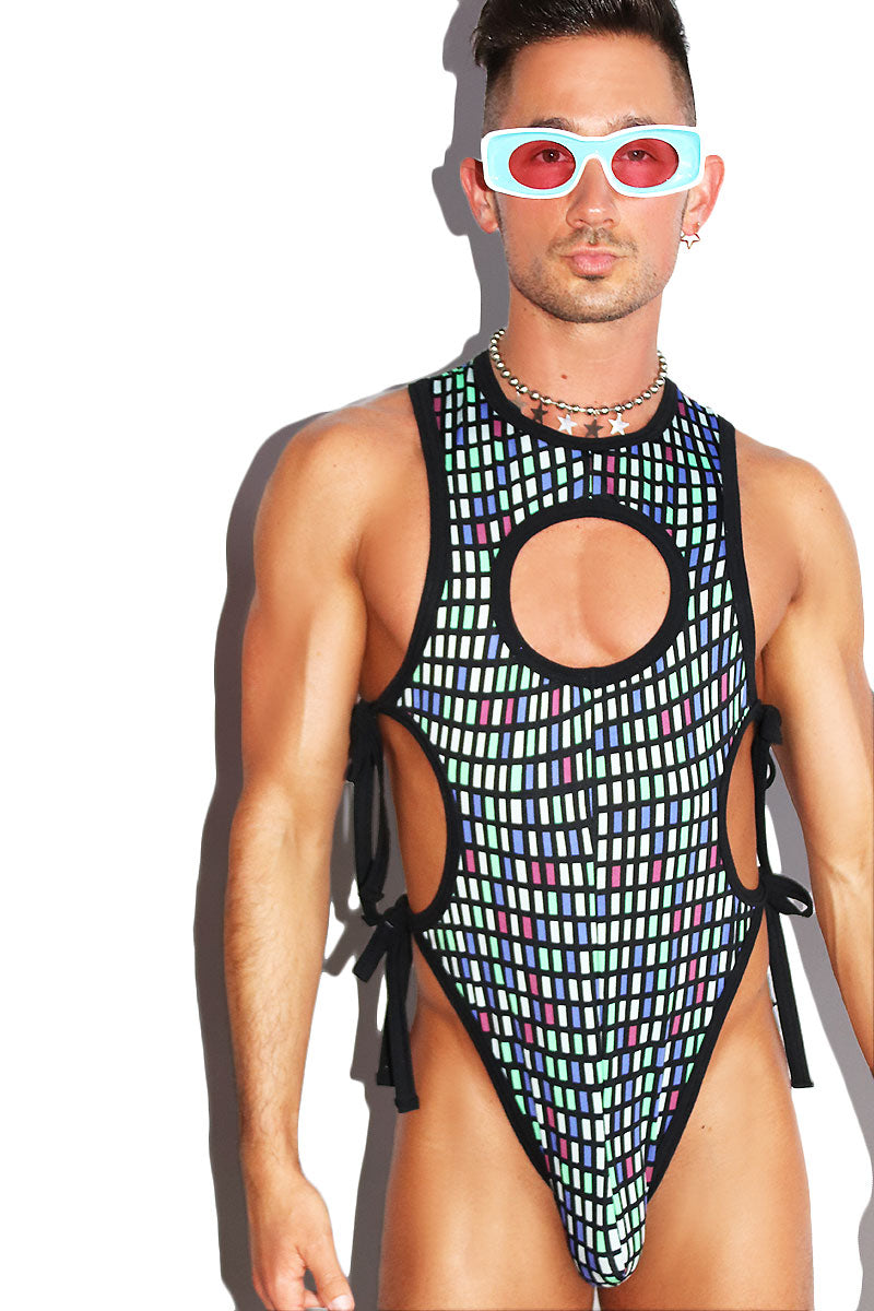 Mind Relaxtion Mosaic Cutout Rib Knit Tied Up Bodysuit- Black