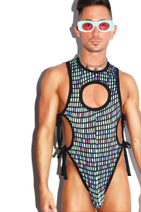Mind Relaxtion Mosaic Cutout Rib Knit Tied Up Bodysuit- Black