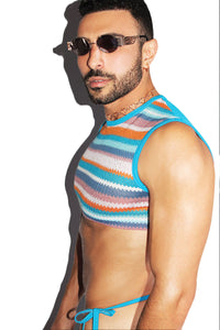 Greek Villa Mesh Knit Extreme Crop Tank- Blue