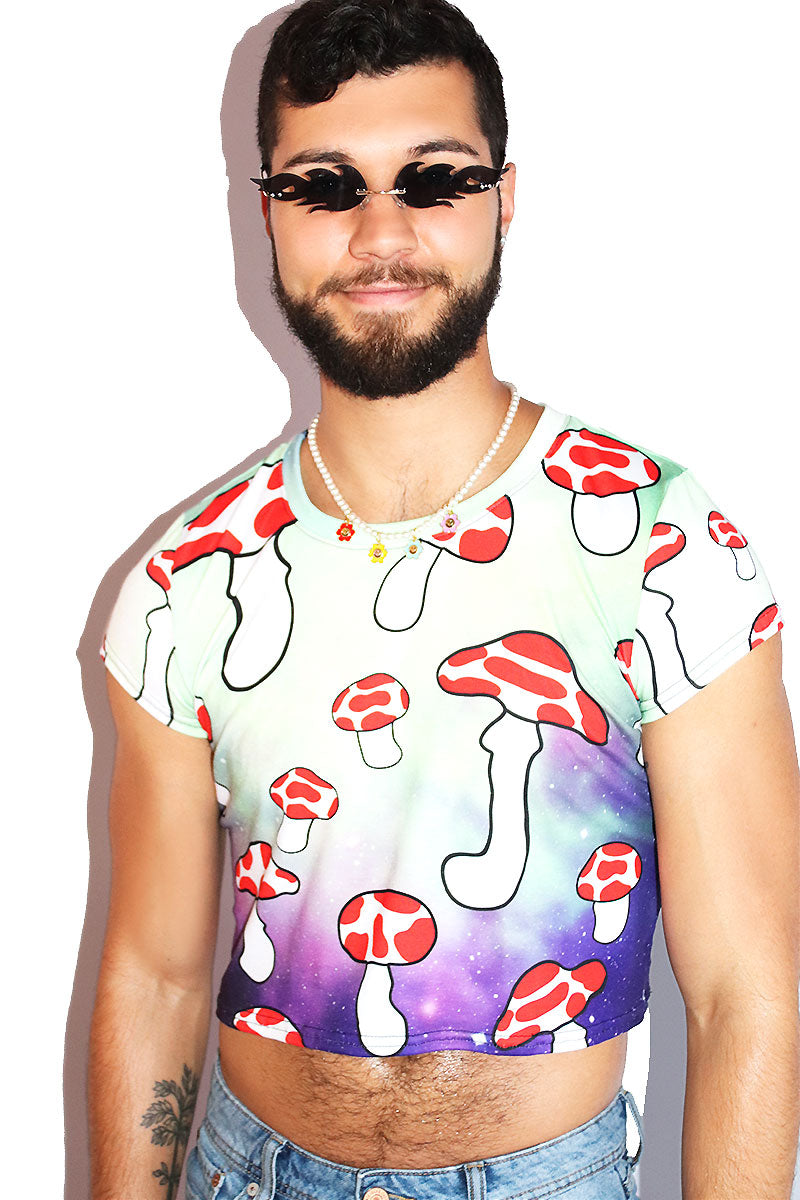 Shrooms Galaxy All Over Print Fitted Crop Tee- Green