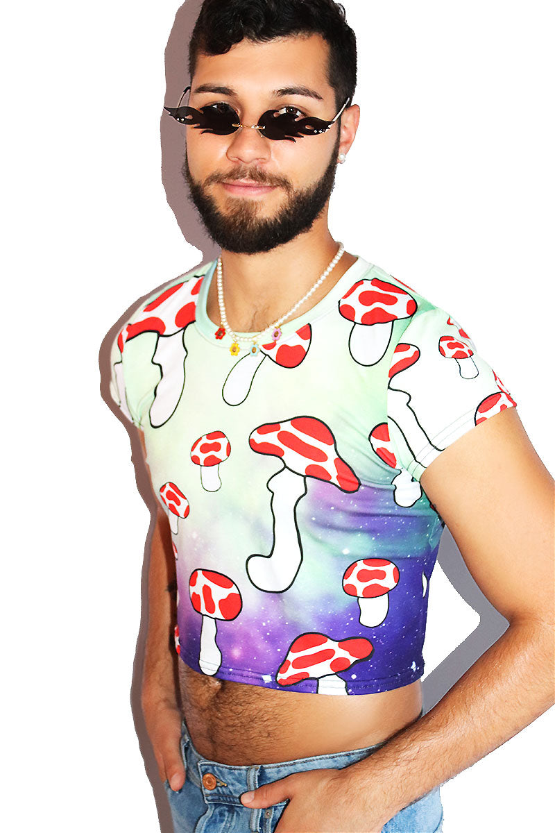 Shrooms Galaxy All Over Print Fitted Crop Tee- Green