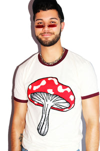 Eat Me Mushroom Ringer Tee-Bugandy