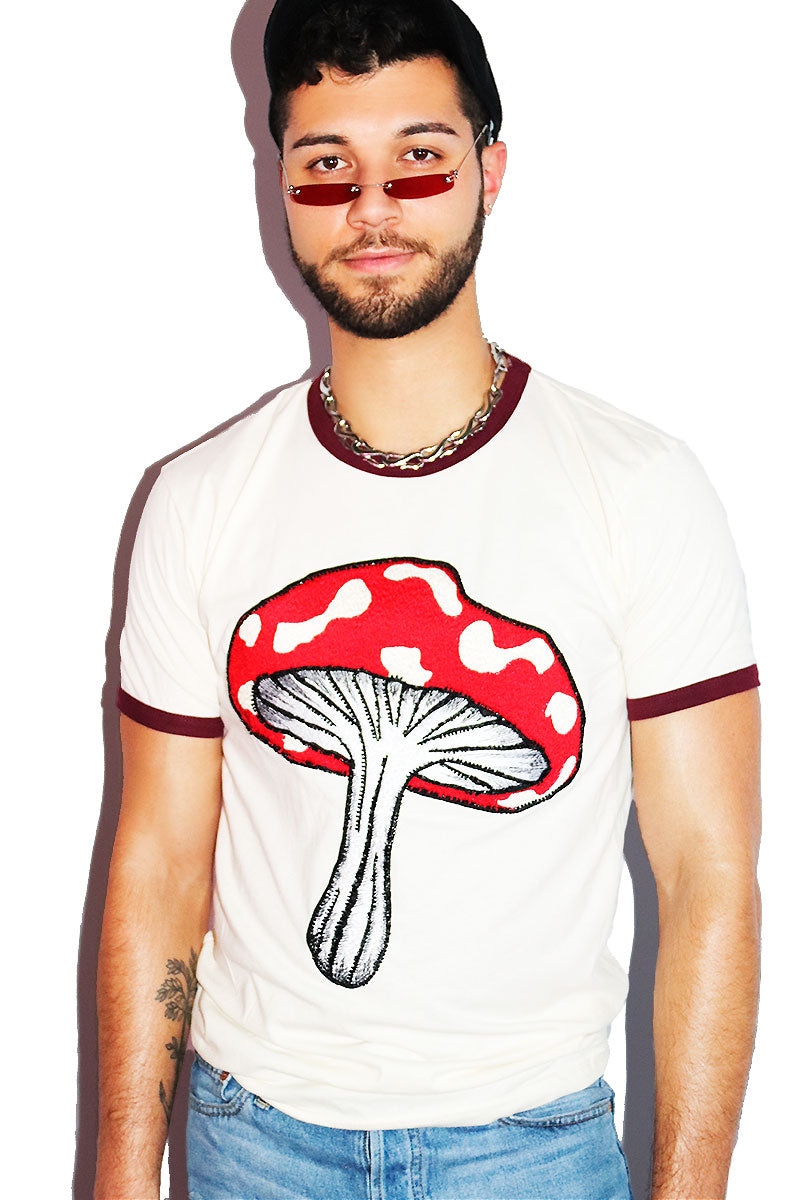Eat Me Mushroom Ringer Tee-Bugandy