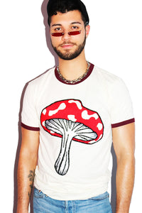 Eat Me Mushroom Ringer Tee-Bugandy