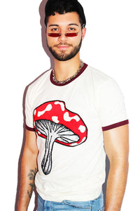 Eat Me Mushroom Ringer Tee-Bugandy