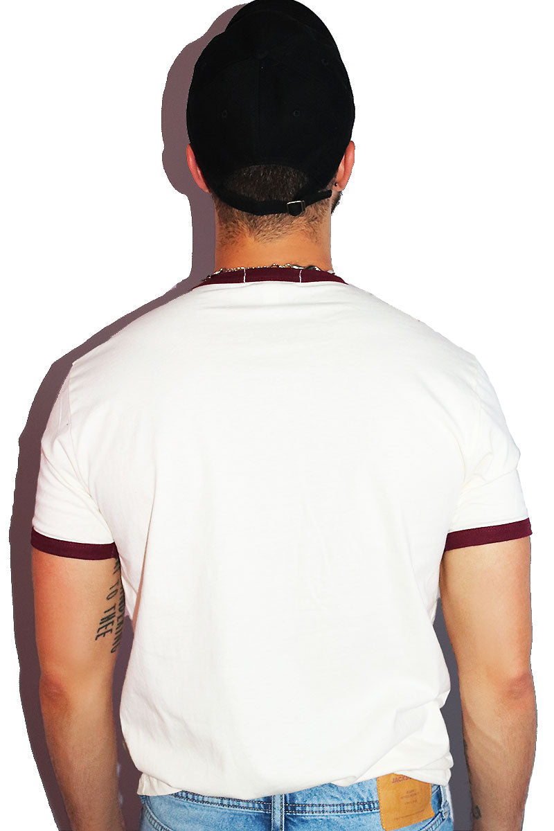 Eat Me Mushroom Ringer Tee-Bugandy