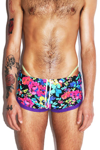 Aquatic Florals Swim Shorty Running Shorts- Black