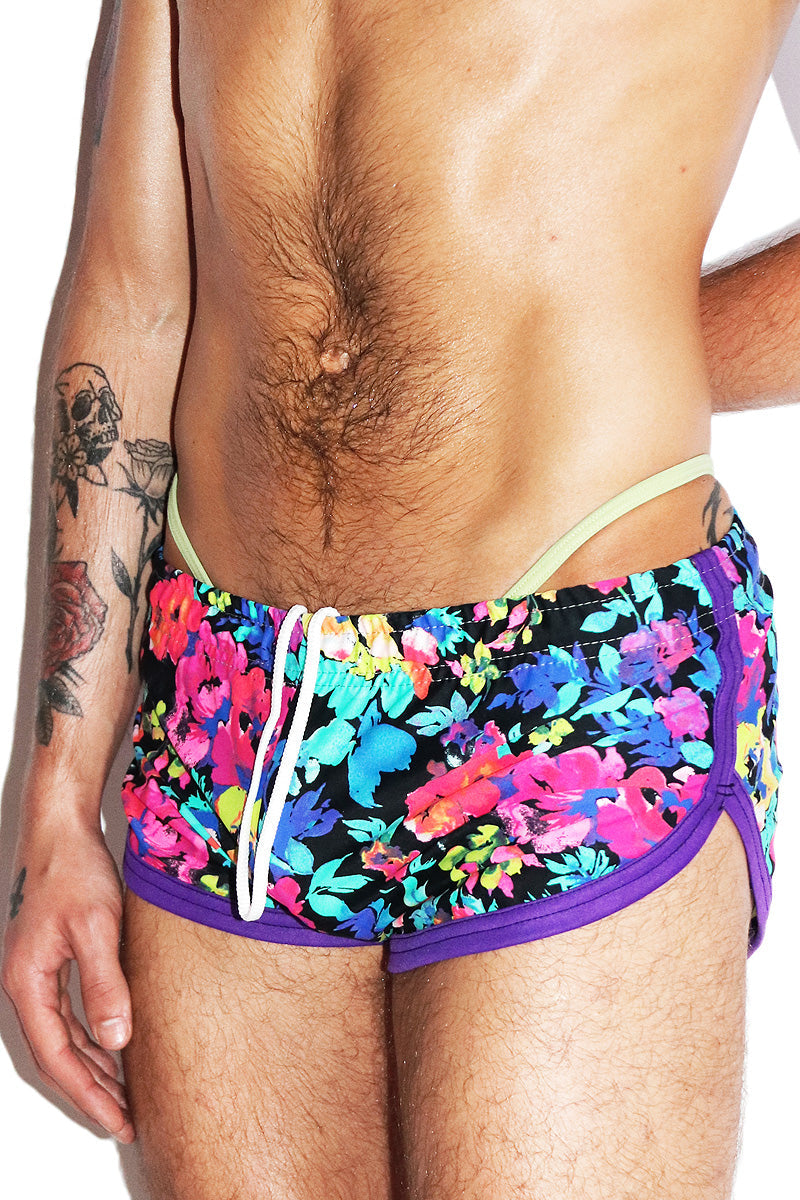 Aquatic Florals Swim Shorty Running Shorts- Black