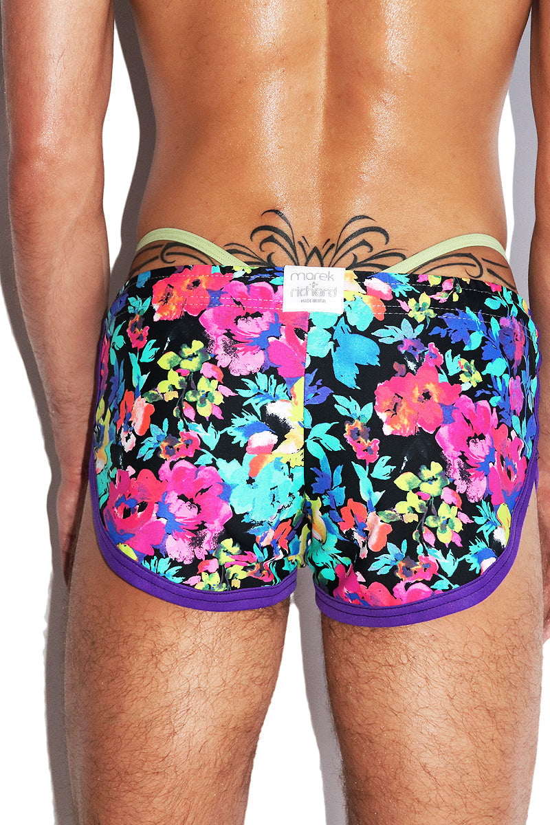 Aquatic Florals Swim Shorty Running Shorts- Black