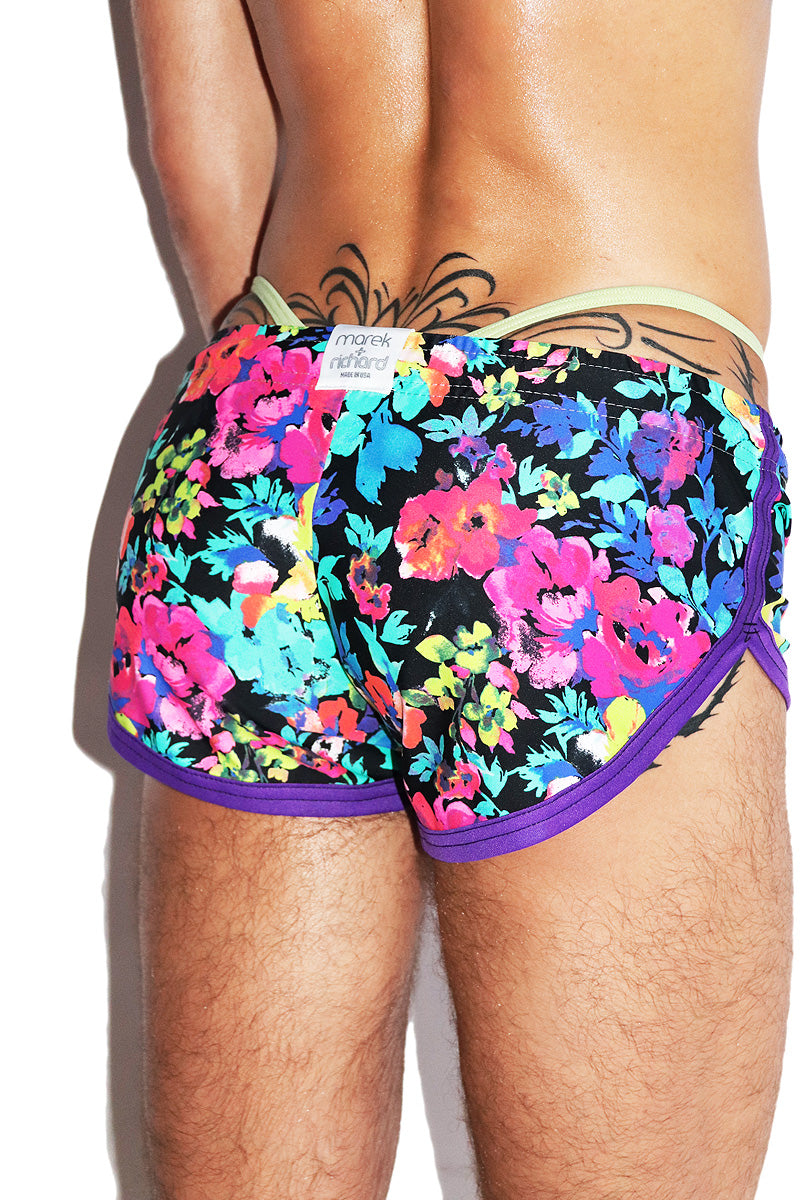 Aquatic Florals Swim Shorty Running Shorts- Black