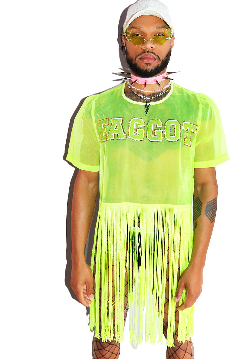 Faggot Mesh Fringe Tee- Neon Green