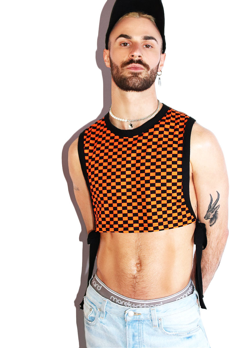 Checkerboard Tied Up Extreme Crop Low Armhole Tank- Orange
