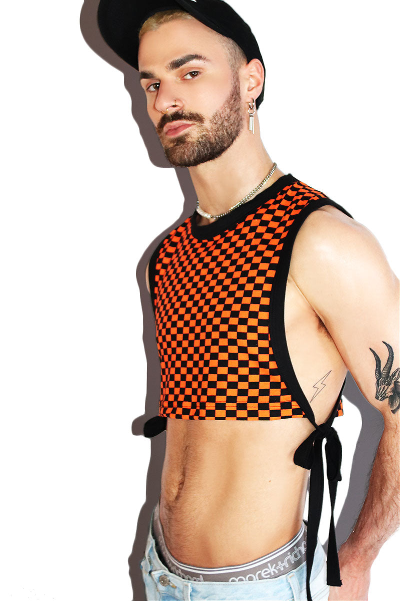 Checkerboard Tied Up Extreme Crop Low Armhole Tank- Orange – Marek
