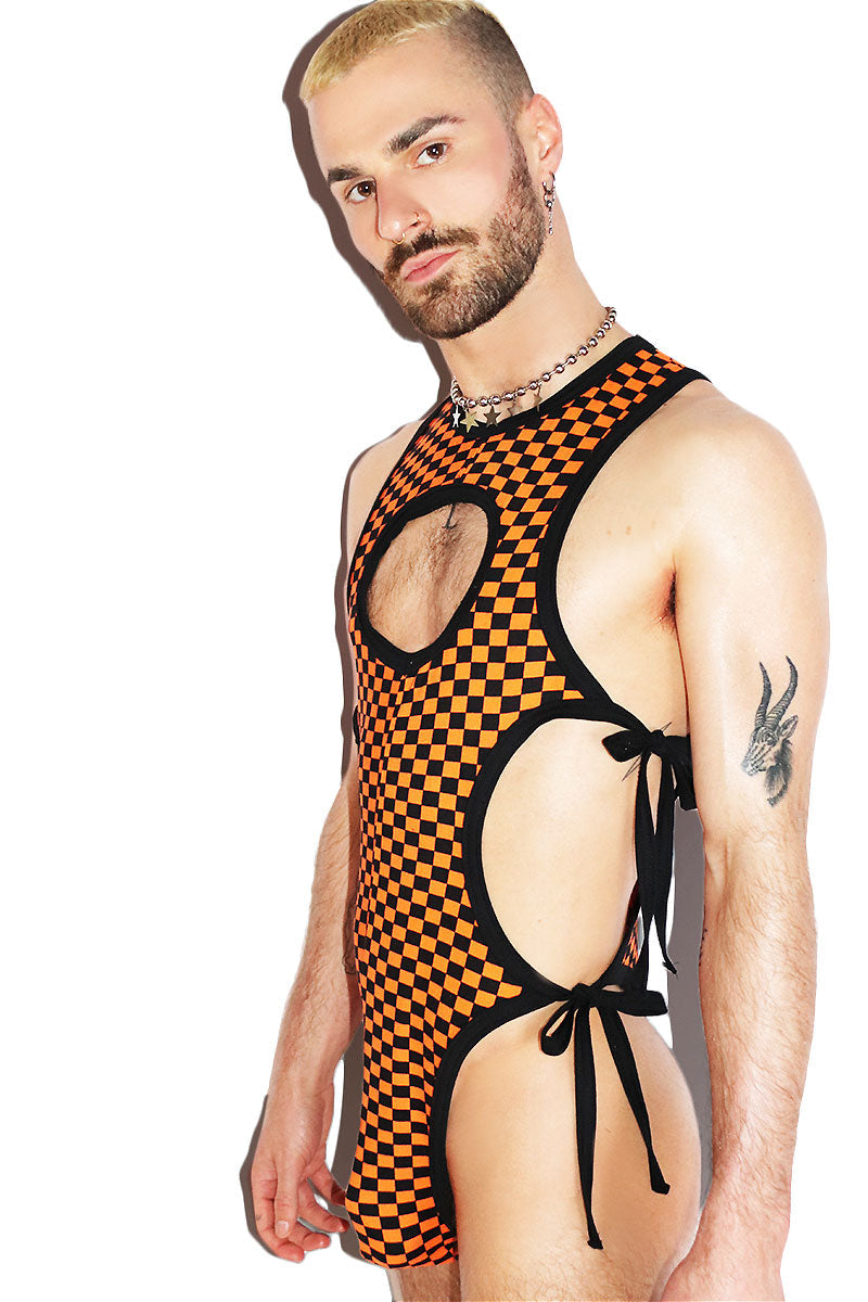 Checkerboard Cutout Tied Up Bodysuit- Orange