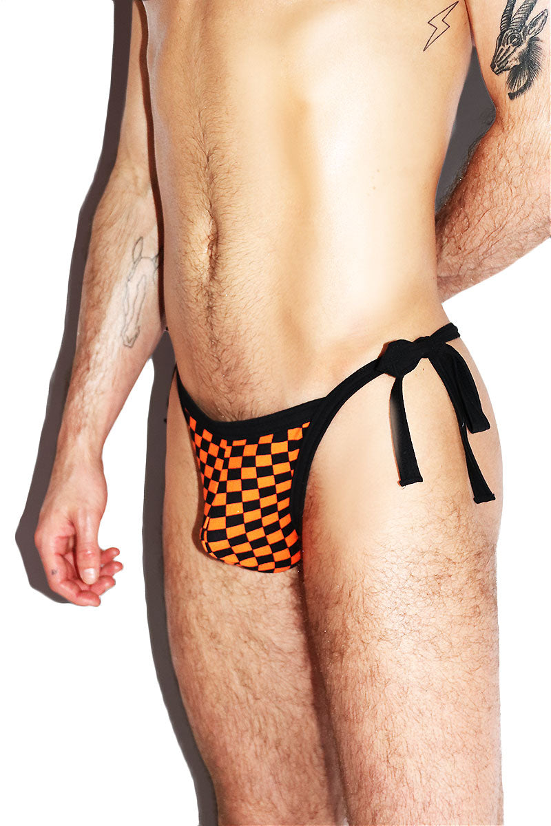 Checkerboard Tied Up String Thong-Orange