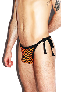 Checkerboard Tied Up String Thong-Orange