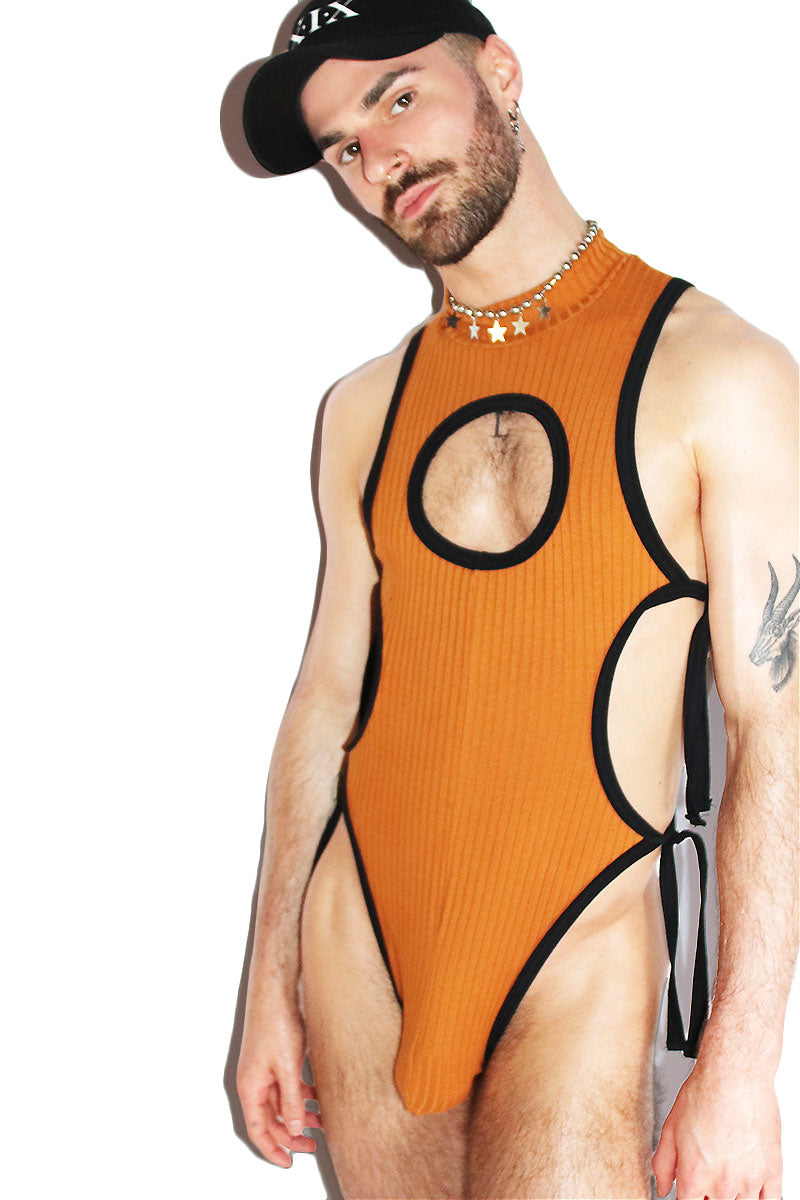 Ochre Cutout Rib Knit Tied Up Bodysuit- Mustard