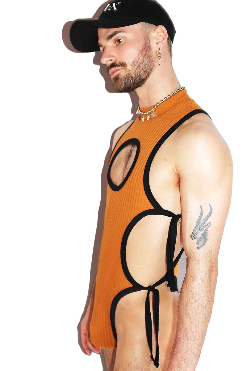 Ochre Cutout Rib Knit Tied Up Bodysuit- Mustard