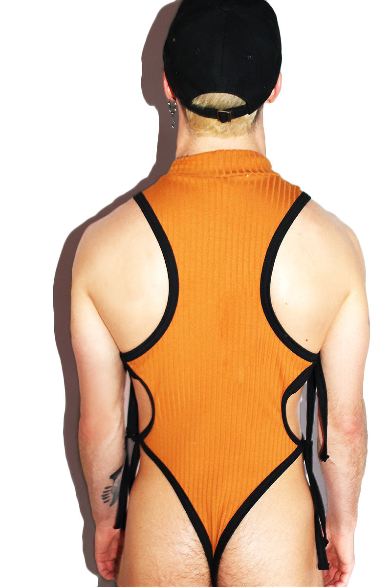 Ochre Cutout Rib Knit Tied Up Bodysuit- Mustard