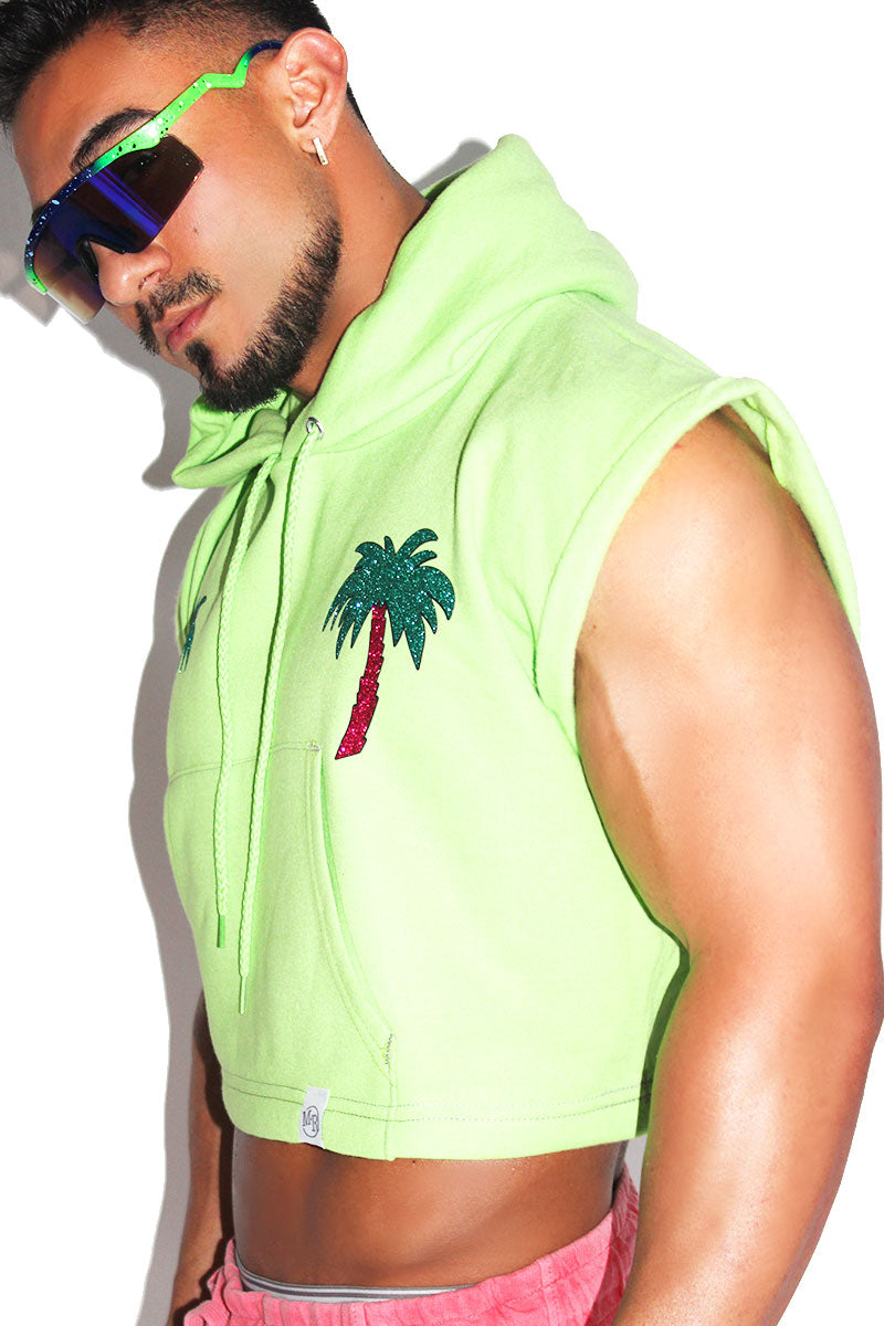 Palm Tree Pasties Sleeveless Crop Hoodie-Neon Green