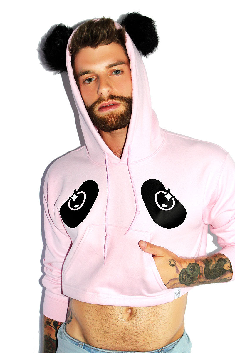 Panda Long Sleeve Crop Hoodie-Pink