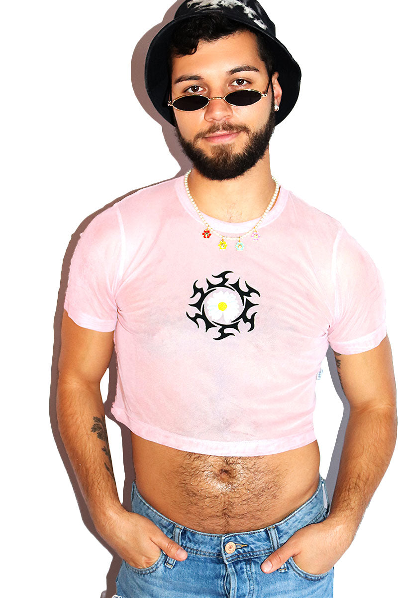 Daisy Ink Mesh Extreme Crop Tee- Pink