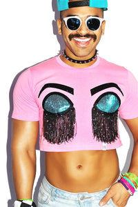 Sleeping Bitch Face Fringe Crop Tee- Neon Pink
