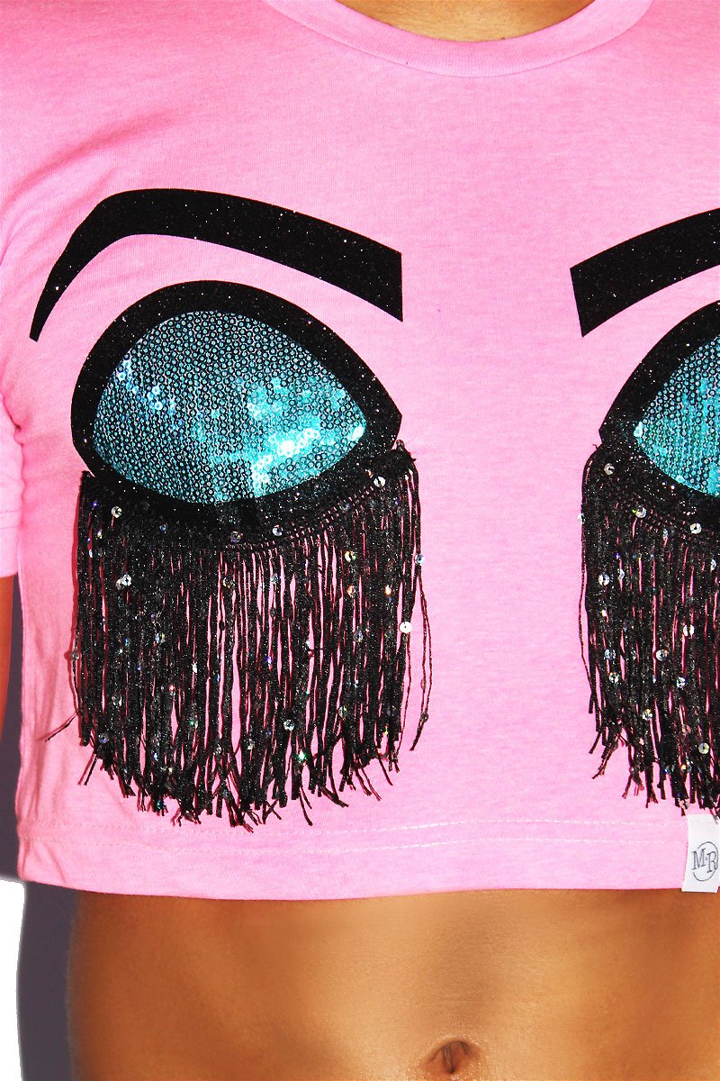 Sleeping Bitch Face Fringe Crop Tee- Neon Pink