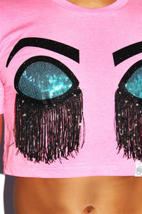 Sleeping Bitch Face Fringe Crop Tee- Neon Pink