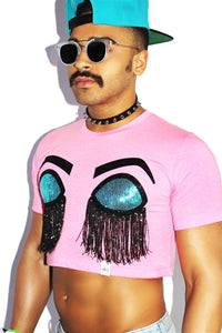 Sleeping Bitch Face Fringe Crop Tee- Neon Pink
