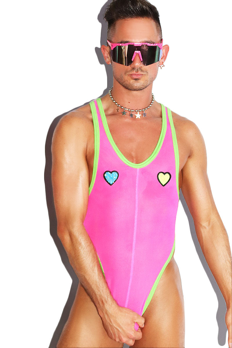 Rave Heart Pastie Mesh Thong Bodysuit- Neon Pink